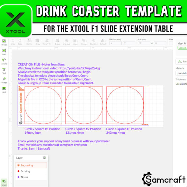 xTool F1 Slide Extension Drink Coaster Template Samcraft - Screenshot 1
